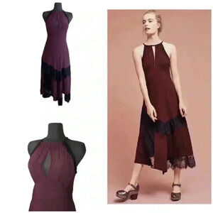 Moulinette Soeurs wine and black lace neck halter romantic midi dress NWT 0P